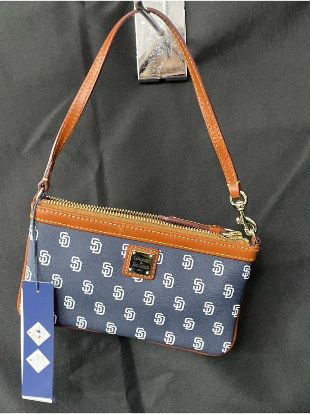 Dooney & Bourke Navy San Diego Padres SD Monogram Wristlet w/ Brown Leather Trim
